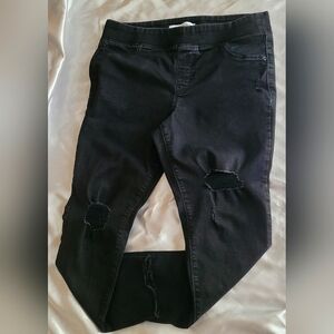 Black Denim Elastic Waist Ripped Knee Jeggings